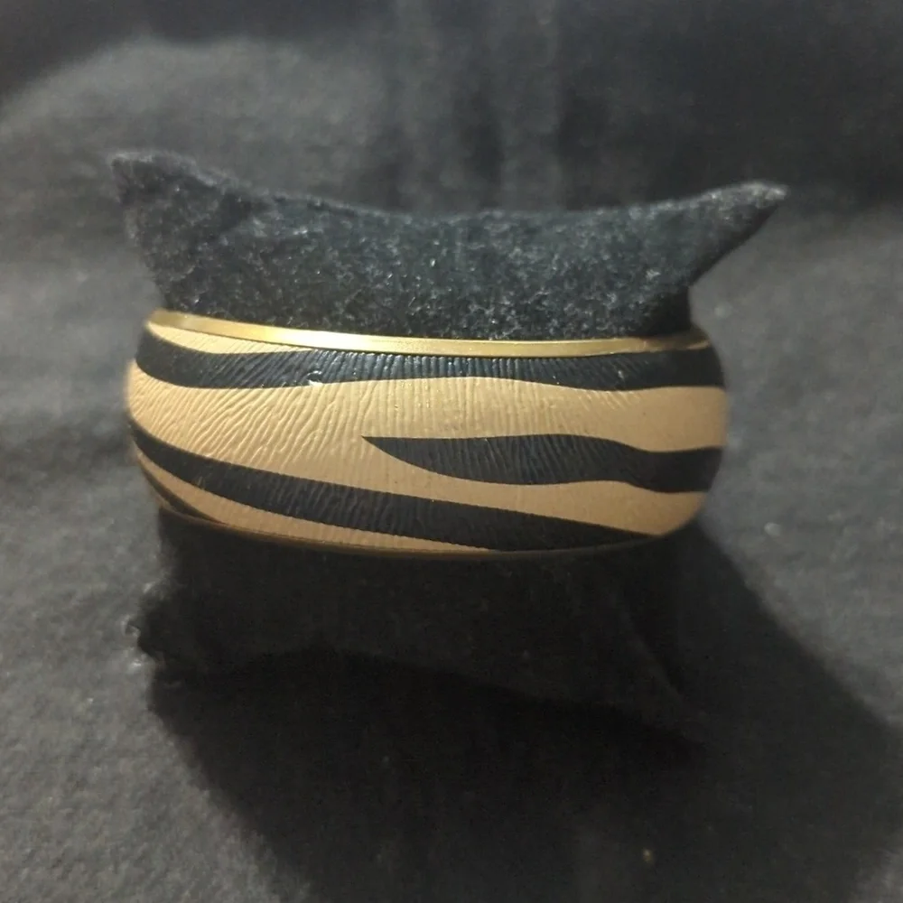 Brass Tone Tan and Black Zebra Stripe Bangle Statement Bracelet